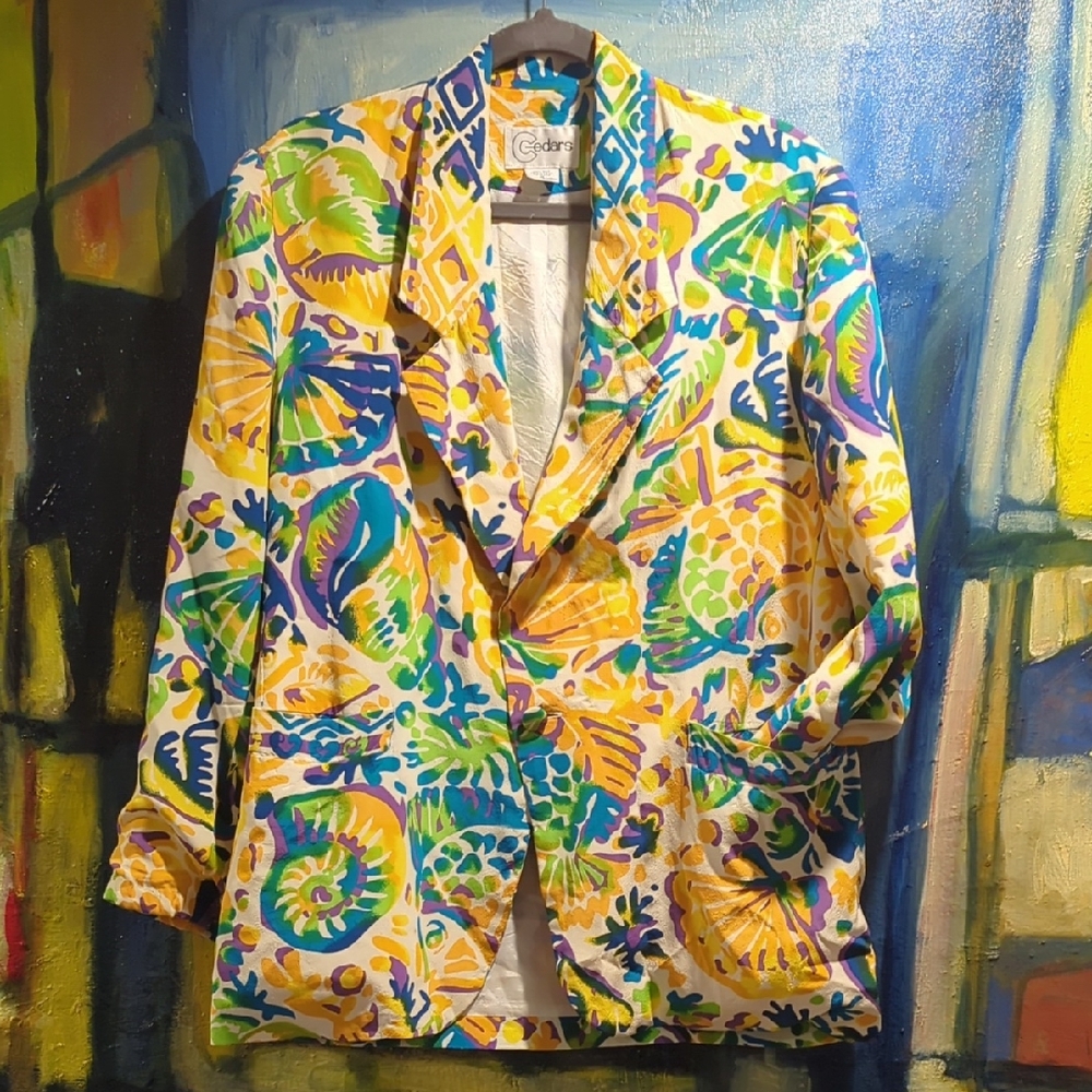 Vintage 80's/90’s CEDARS 100% Silk Medium Bright Under The Sea Blazer 🐟 🐚🌊 🪸